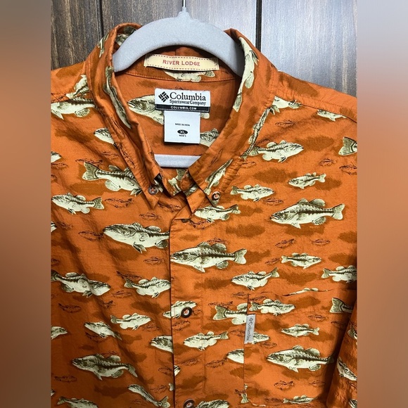 COLUMBIA SPORTSWEAR ORANGE FISH PRINT ALL OVER DEEP SEA FISHING SHIRT MENS XL - Picture 4 of 10